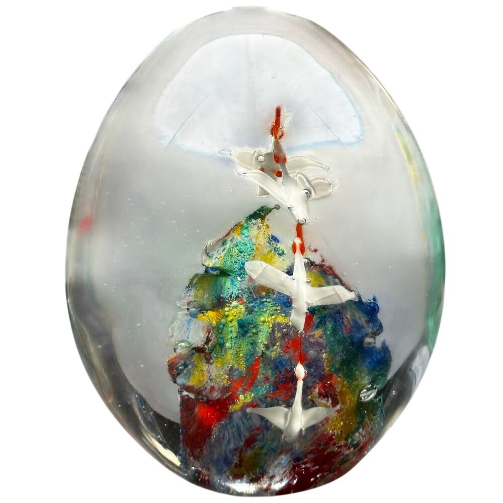 Murano Style Art Glass Paperweight Large Vibrant Colors White Birds in Flight